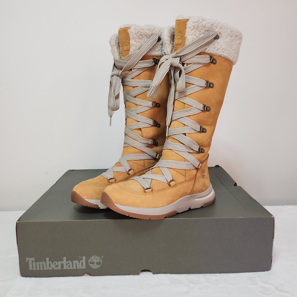 Cabincore Knee High Timberland Boots 6 Wheat Nubuck Shearling Gorpcore Apres Ski - Picture 3 of 15